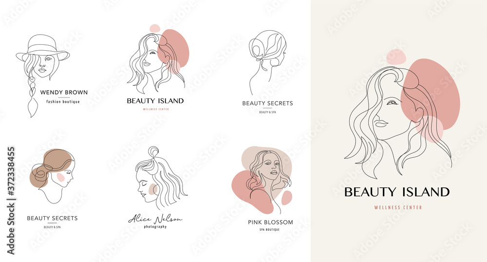 Vector logo and branding design templates in minimal style, for beauty center, fashion studio, haircut salon and cosmetics - female portrait, beautiful woman's face Vector logo and branding design templates in minimal style, for beauty center, fashion studio, haircut salon and cosmetics - female portrait, beautiful woman's face