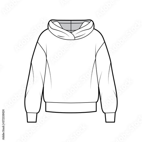 Oversized cotton-fleece hoodie technical fashion illustration with relaxed fit, long sleeves. Flat outwear jumper apparel template front, white color. Women, men, unisex sweatshirt top CAD mockup