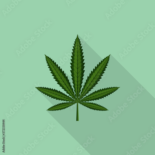 Cannabis leaf icon with long shadow on green background, flat design style