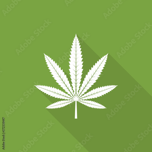 Cannabis leaf icon with long shadow on green background, flat design style