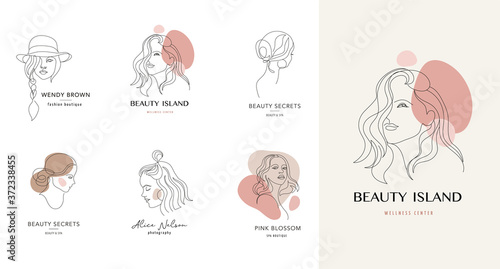 Vector logo and branding design templates in minimal style, for beauty center, fashion studio, haircut salon and cosmetics - female portrait, beautiful woman's face 