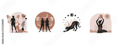Mystic women, exotic woman, feminine concept illustration, beautiful esoteric women silhouettes . Flat style vector design