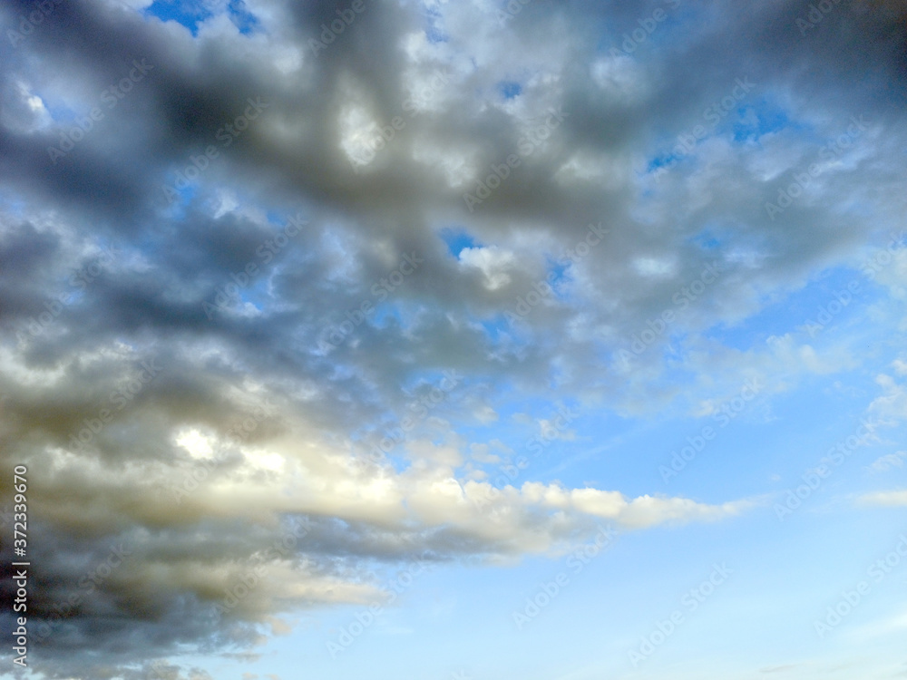 photo of blue sky with white and gray clouds on a summer evening