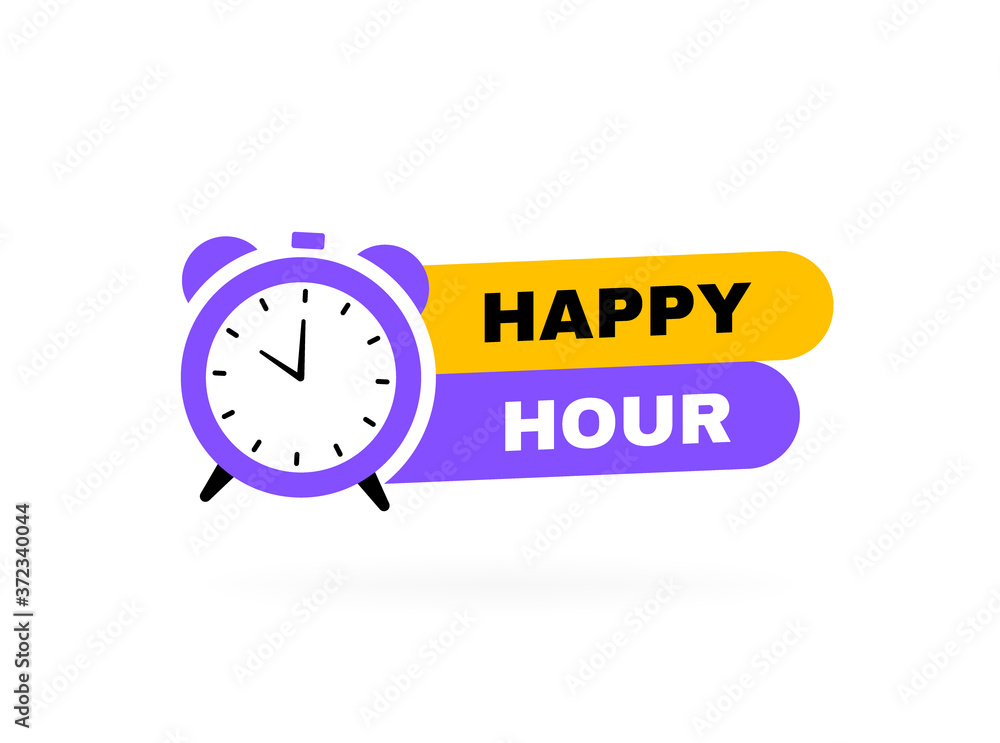 Happy hour geometric badge with alarm clock. Modern Vector illustration Happy hour geometric badge with alarm clock. Modern Vector illustration