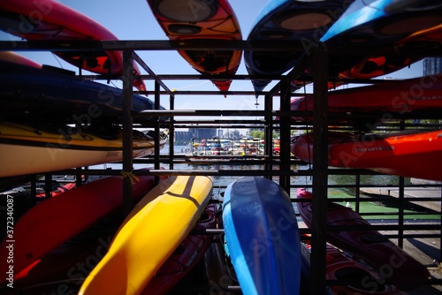 colorful kayaks on the beach