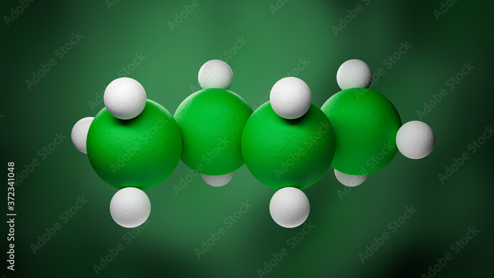 Model of a butane molecule of the family of the single bonded hydrocarbons. Four Carbon atoms in green, Hydrogen atoms in white. - obrazy, fototapety, plakaty 