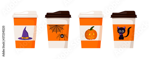 Coffee or tea cups decorated with Halloween characters - pumpkin, spider on web, black cat, witch hat llustration isolated on white background. Vector flat halloween design coffe to go cups set.