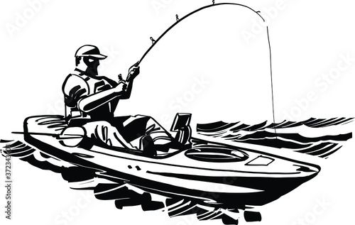 Silhouette of a  fisherman on the kayak