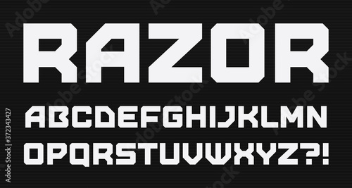 Modern geometric style alphabet. Bold square font, minimalist type for modern futuristic games and cyber security logo, digital device and hud graphic. Minimal style letters, vector typography design