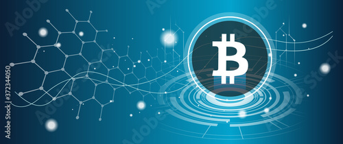 Bitcoin symbol with crypto currency themed background design. Modern neon color banner for BTC or bitcoin icon. Blockchain technology & trade exchange concept.