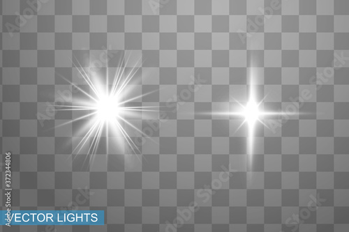 White glowing light explodes on a transparent background. Sparkling magical dust particles. Bright Star. Transparent shining sun  bright flash. Vector sparkles. To center a bright flash