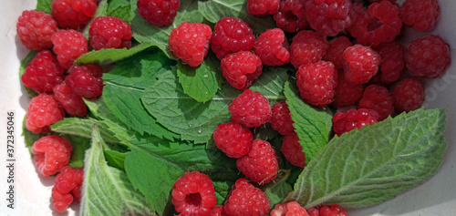 Obraz na płótnie photo of raspberries and mint leaves. ingredients for mojito. Top view w salonie