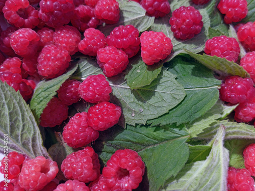 Obraz na płótnie photo of raspberries and mint leaves. ingredients for mojito. Top view w salonie
