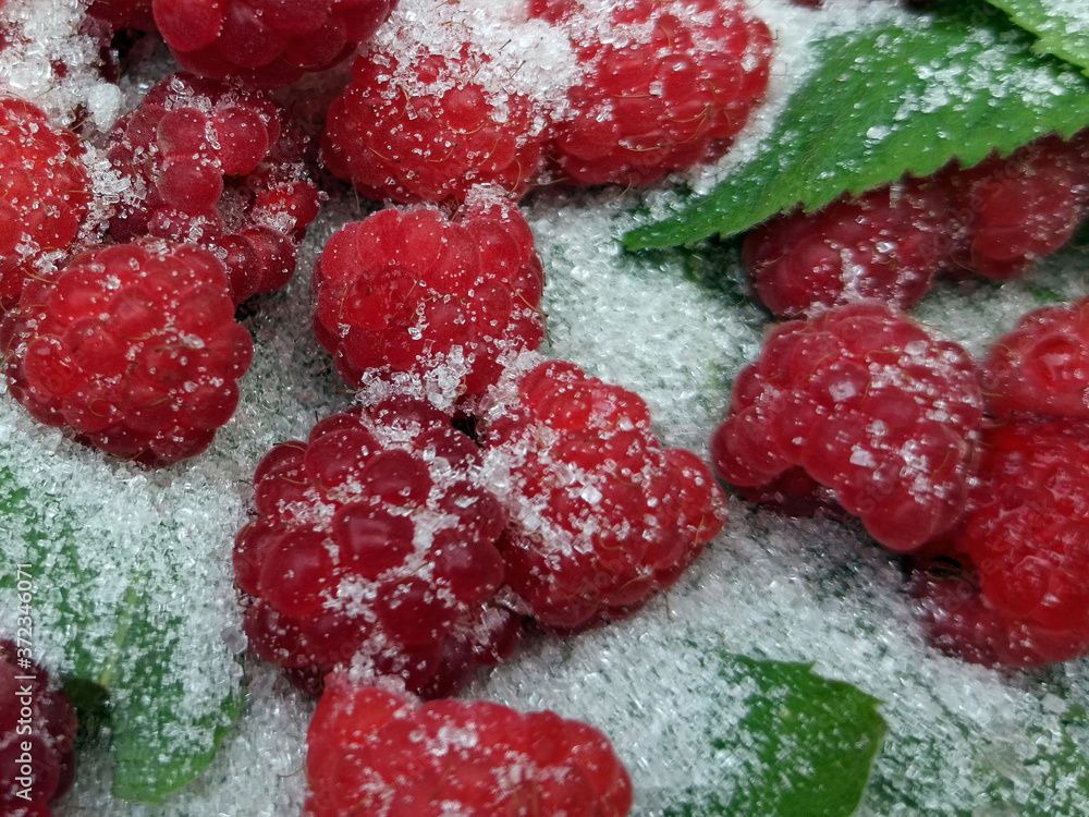 photo of raspberries and mint leaves with white sugar. ingredients for mojito. Top view