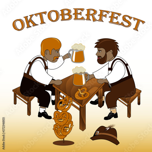 Oktoberfest greeting card. Two friends are drinking beer and eating pretzels.