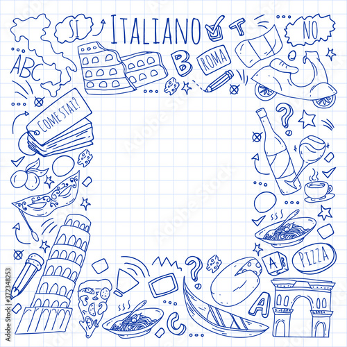 Italian language learning. Vector pattern with icons and national symbols of Italy.