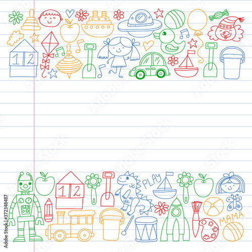 Kindergarten preschool school children. Kids drawing style vector pattern. Play grow learn together.
