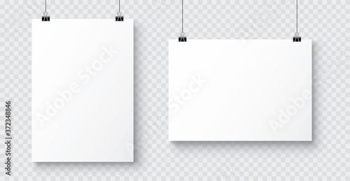 Vector realistic white blank A4 paper poster hanging on a rope with clip - stock vector.