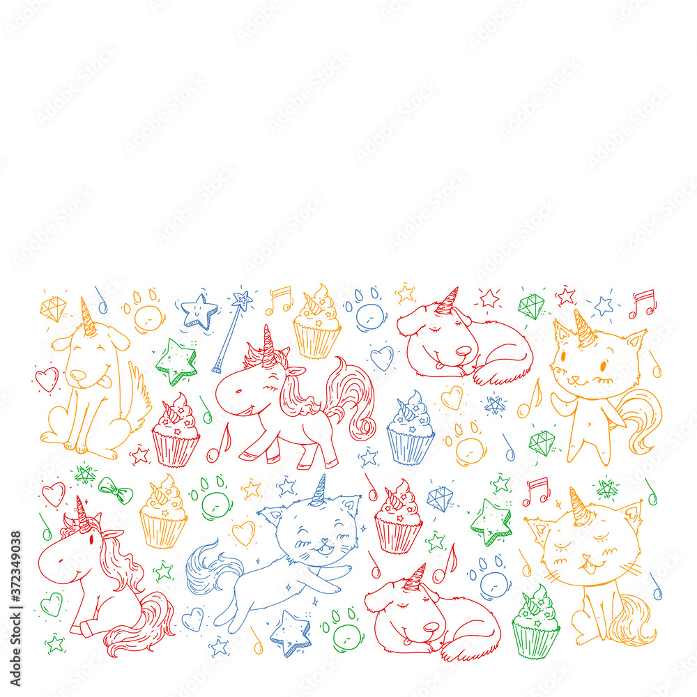 Pattern with unicorns, rainbow, confetti and other elements. Vector background with stickers, pins, patches in cartoon. Cats and dogs.