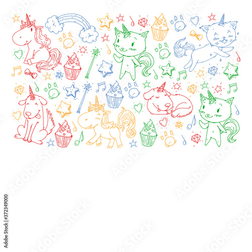 Pattern with unicorns  rainbow  confetti and other elements. Vector background with stickers  pins  patches in cartoon. Cats and dogs.