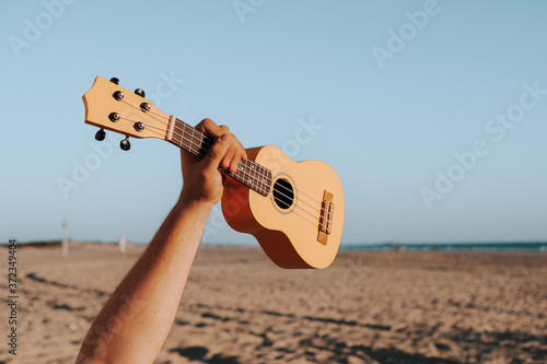 Brazo levantando un ukelele en la playa