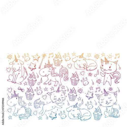 Pattern with unicorns, rainbow, confetti and other elements. Vector background with stickers, pins, patches in cartoon. Cats and dogs.