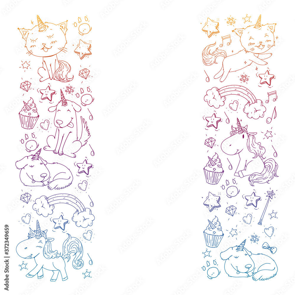 Pattern with unicorns, rainbow, confetti and other elements. Vector background with stickers, pins, patches in cartoon. Cats and dogs.