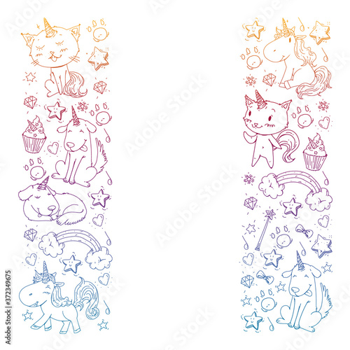 Pattern with unicorns, rainbow, confetti and other elements. Vector background with stickers, pins, patches in cartoon. Cats and dogs.