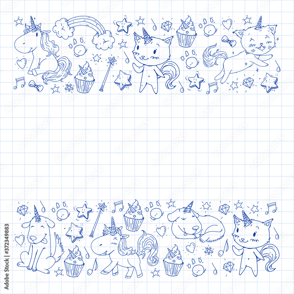Pattern with unicorns, rainbow, confetti and other elements. Vector background with stickers, pins, patches in cartoon. Cats and dogs. Pattern with unicorns, rainbow, confetti and other elements. Vector background with stickers, pins, patches in cartoon. Cats and dogs.