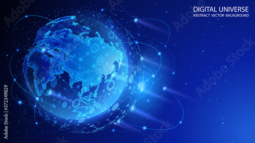 Blue abstract technology background. Satellites and rockets in orbit of planet Earth. Global World Wide Web internet. Technologies and communications. Map of the planet. World map. Vector.