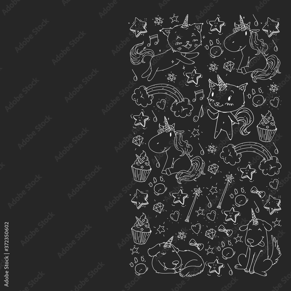Pattern with unicorns, rainbow, confetti and other elements. Vector background with stickers, pins, patches in cartoon. Cats and dogs. Pattern with unicorns, rainbow, confetti and other elements. Vector background with stickers, pins, patches in cartoon. Cats and dogs.