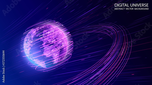 Vector. Map of the planet. World map. Global social network. Future.  Violet and blue futuristic background with planet Earth. Internet and technology. Floating blue plexus geometric background. .