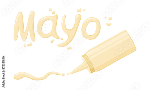 Mayonnaise font and drops. Sauce lettering and plastic bottle isolated on white background. Vector illustration