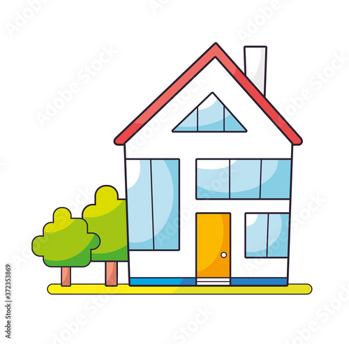 Modern private house and green trees isolated cartoon vector icon