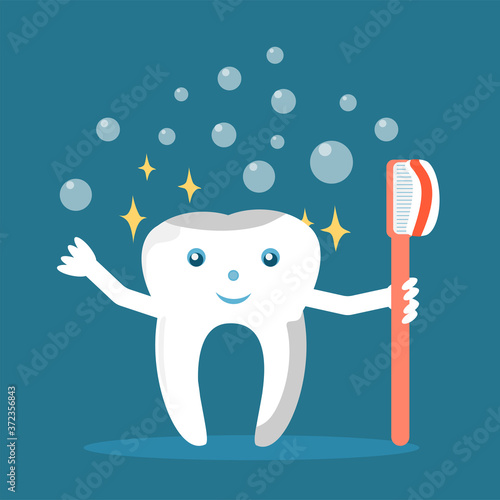 Dental Tooth Mascot Cartoon Character with Toothbrush. Flat vector illustration.