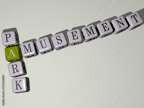 summer: AMUSEMENT PARK crossword by cubic dice letters, 3D illustration for background and attraction