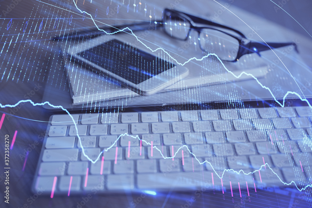 Double exposure of forex chart drawing and cell phone background. Concept of financial trading Double exposure of forex chart drawing and cell phone background. Concept of financial trading