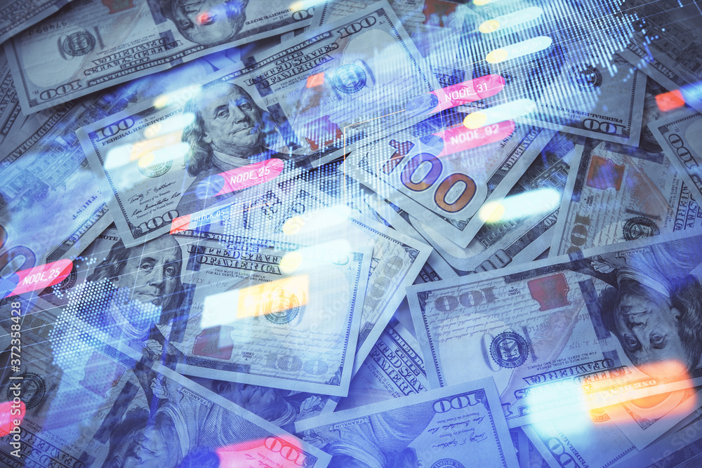 Double exposure of data theme drawing over us dollars bill background. Technology concept. Double exposure of data theme drawing over us dollars bill background. Technology concept.