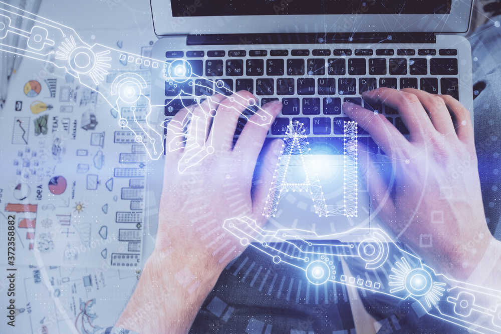 Multi exposure of man's hands typing over computer keyboard and data theme hologram drawing. Top view. Technology concept. Multi exposure of man's hands typing over computer keyboard and data theme hologram drawing. Top view. Technology concept.