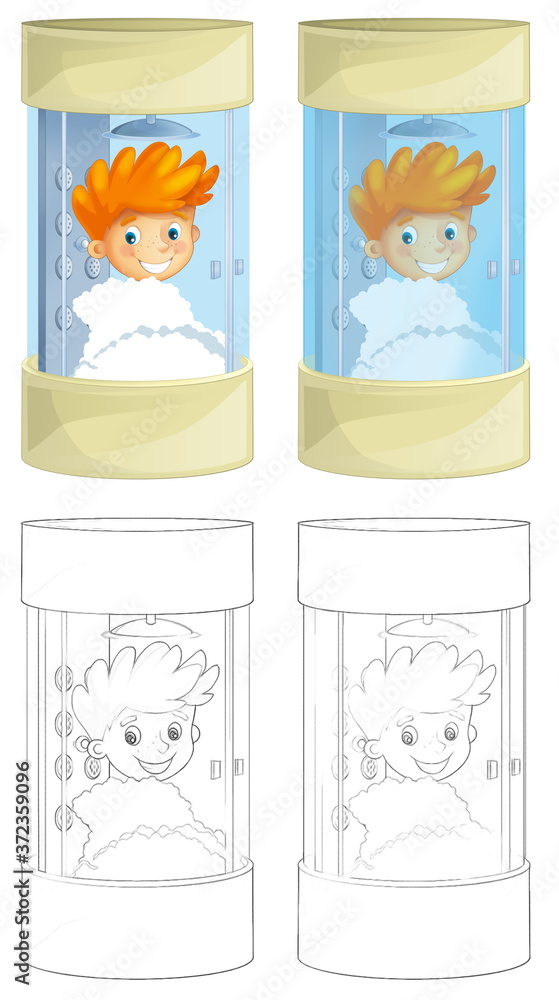 Cartoon sketch scene with boy in the shower cabin - smiling and washing Cartoon sketch scene with boy in the shower cabin - smiling and washing