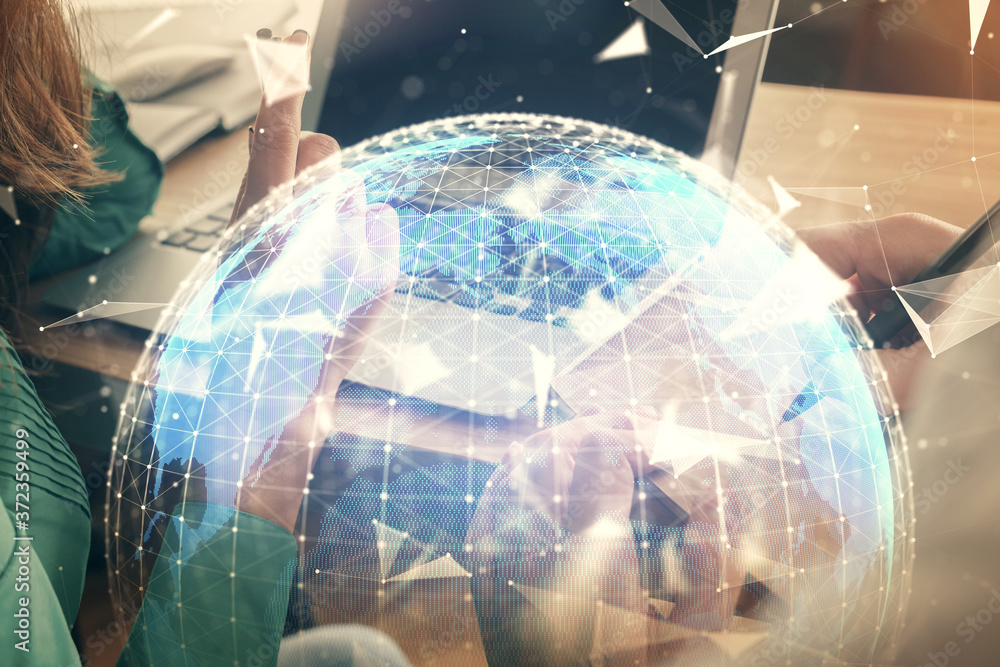Double exposure of man and woman working together and financial theme hologram. international business concept. Computer background. Double exposure of man and woman working together and financial theme hologram. international business concept. Computer background.