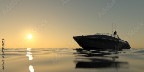 Luxury fast boat with sunset realistic 3d illustration