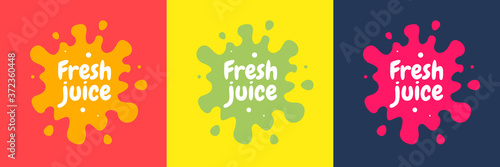 Fresh fruit juice label icon. Orange, lemon, berry, peach healthy juice sticker design. Vector