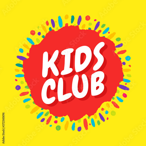 Kids club inscription on the background of colored heels of paints. Vector flat illustration.