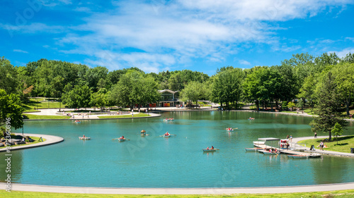 Peaceful park with a beautiful blue sky, in the middle of a city. Montreal, Canada