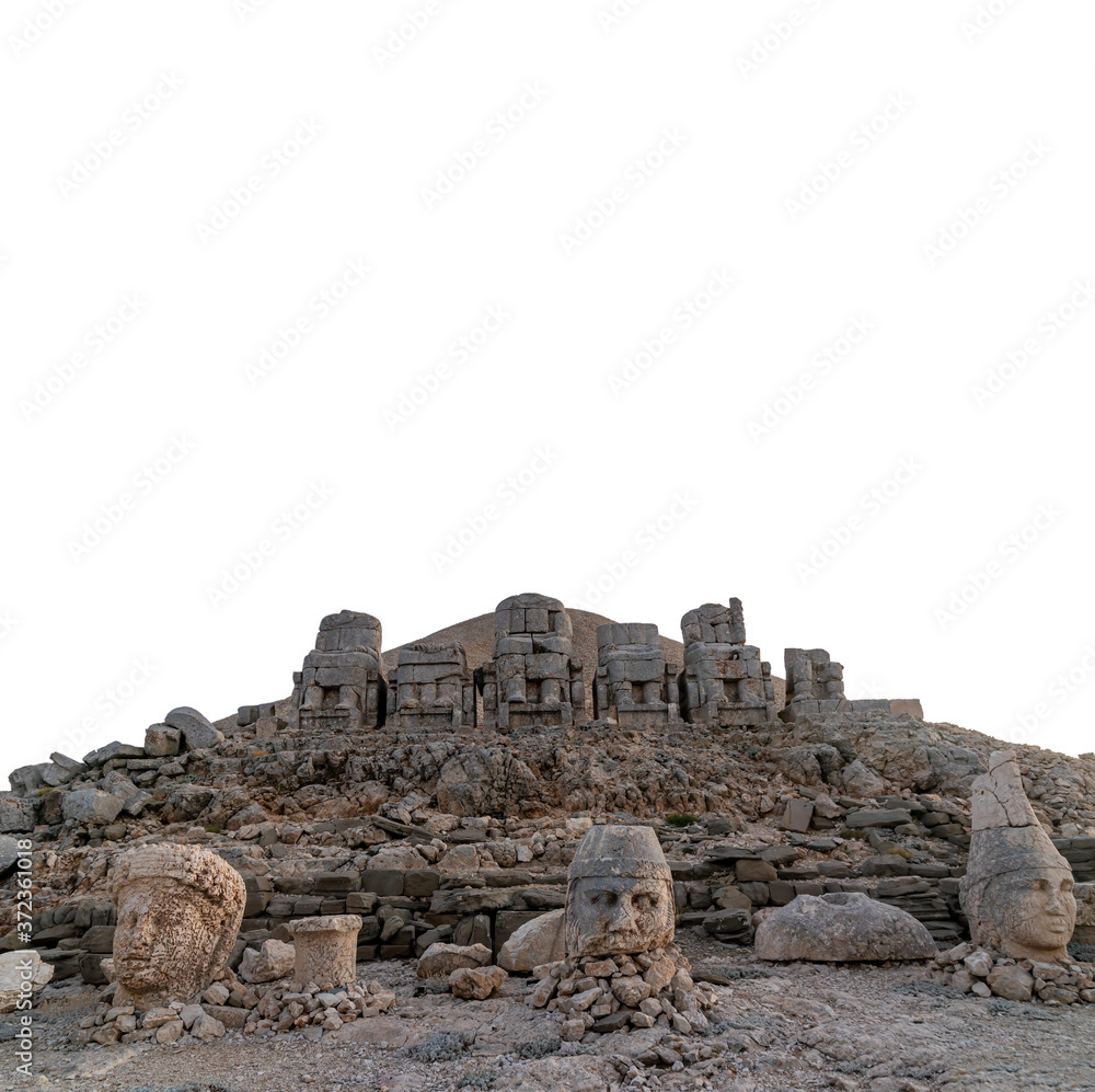 Statues on top of the Nemrut Mountain in Adiyaman, Turkey. To watch the sun set and rise. with white isolated background