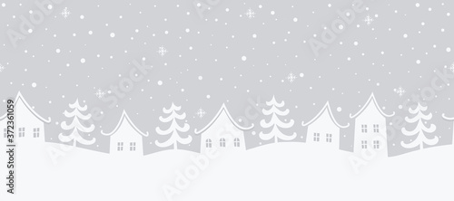 Christmas background. Winter landscape. Seamless border. There are white houses and fir trees on a gray background. Winter village. Vector illustration