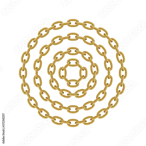 Golden metal round chain set. Realistic vector looped chain for design.