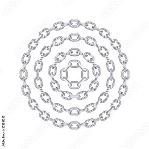 Metal round stainless steel chain set. Realistic vector looped silver chain for design.