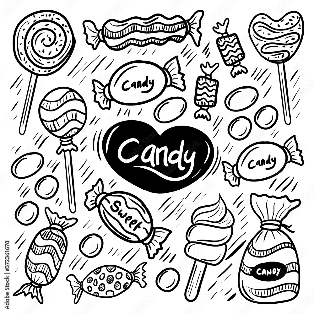 Doodle Sweet candies set, such us hard candy, chocolate bonbons, licorice, marshmallow twists, cake pops, dragee. Vector illustration in sketch and hand drawn style
